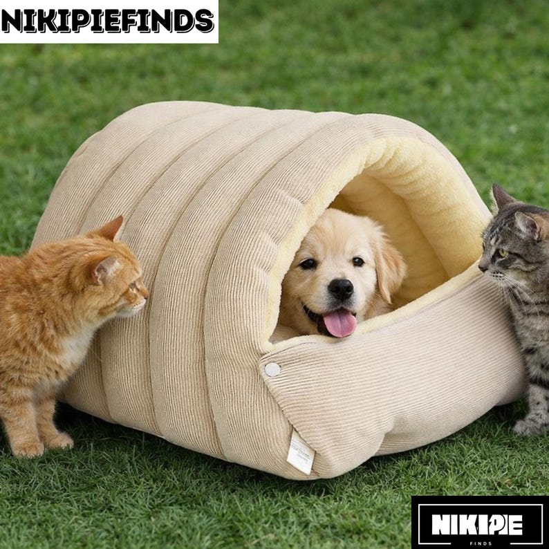 Cozy Corduroy Pet Cave Bed for Cats and Small Dogs – Soft Warm Indoor House