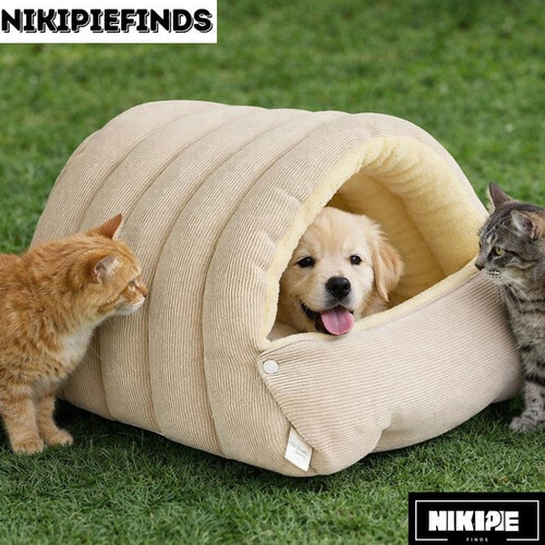Cozy Corduroy Pet Cave Bed for Cats and Small Dogs – Soft Warm Indoor House